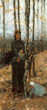 Woman And Child In A Wooded Landscape Artwork by Theodore Robinson