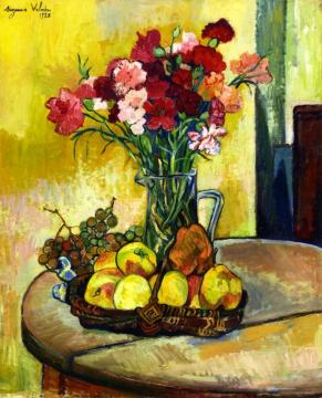 Still Life With Basket Of Apples, Vase Of Flowers And Grapes Artwork by Suzanne Valadon