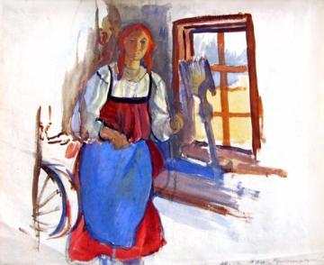 Peasant woman at spinning-wheel Artwork by Zinaida Serebriakova