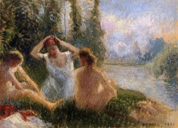 Bathers Seated on the Banks of a River Artwork by Camille Pissarro