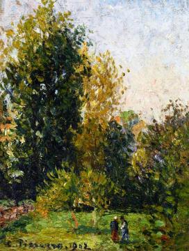 Landscape with Two Figures, Éragny, Autumn Artwork by Camille Pissarro