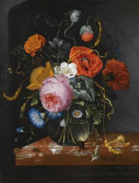 Still Life With Flowers In A Glass Vase On A Marble Ledge Artwork by Jacob van Walscapelle