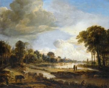 A River Landscape with Figures and Cattle Artwork by Aert van der Neer