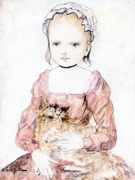 Girl With Her Cat Artwork by Tsuguharu Foujita