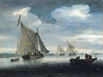 An estuary scene with a kaag close-hauled in a light breeze Artwork by Salomon van Ruysdael