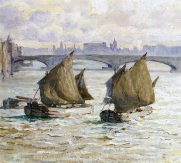 Barges & Bridge on the Thames Artwork by Anna Mary Richards Brewster