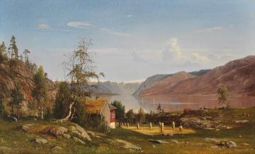 Fjord Landscape With Haystacks Artwork by Amaldus Clarin Nielsen