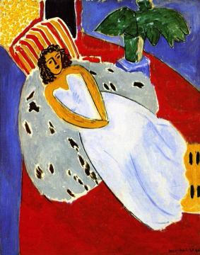 Young Woman in White, Red Background Artwork by Henri Matisse