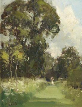 Anglesey Abbey Gardens, With A Lady In White On A Grass Path, Holding A Parasol Artwork by Edward Brian Seago