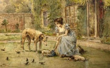 Young girl feeding the dogs Artwork by George Goodwin Kilburne