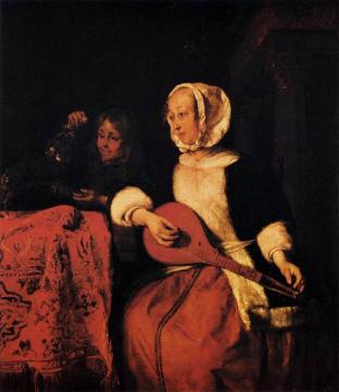 Woman Tuning a Mandolin Artwork by Gabriel Metsu