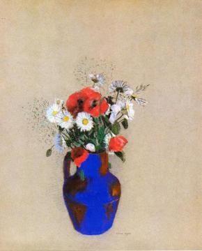 Poppies and Daisies in a Blue Vase Artwork by Odilon Redon