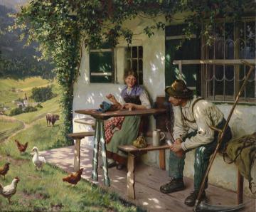 Young Couple In Front Of A Farmhouse In Upper Bavaria Artwork by Emil Rau