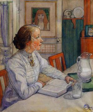 My Eldest Daughter, Suzanne with Milk and Book Artwork by Carl Larsson