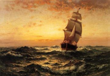 Ship at Sea, Sunset Artwork by Edward Moran