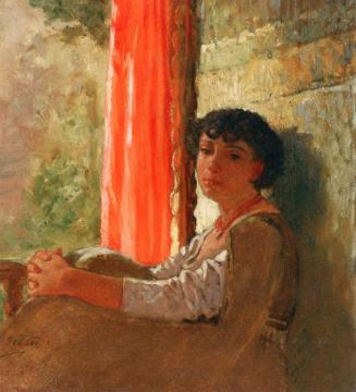 Seated Girl With A Red Curtain Artwork by Elihu Vedder