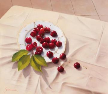 Cherries On A Table Artwork by Heinz Scholnhammer