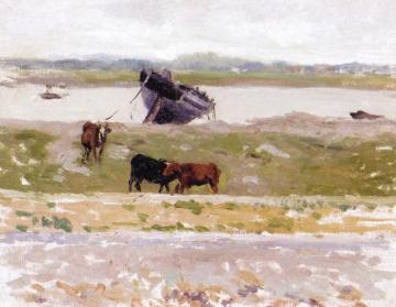 Cows by a Boat, Etaples Artwork by Henri Le Sidaner