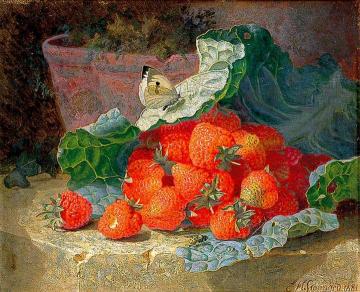 Strawberries in a Cabbage Leaf on a Table with a Flower Pot Behind Artwork by Eloise Harriet Stannard