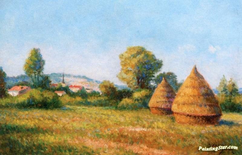 Haystacks, View Over The Village Artwork by Victor Vignon