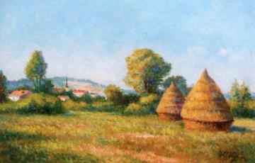 Haystacks, View Over The Village Artwork by Victor Vignon