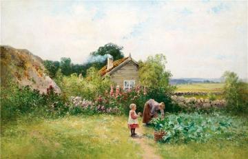 Woman With Child Outside The Cottage Artwork by Johan Krouthén