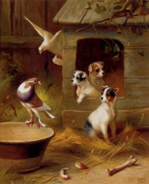 Pigeons And Puppies Artwork by Edgar Hunt