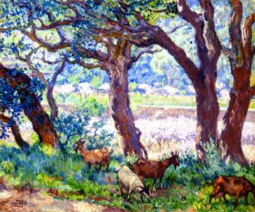 Peach Trees in Blossom, Cork Oaks and Goats Artwork by Theo van Rysselberghe