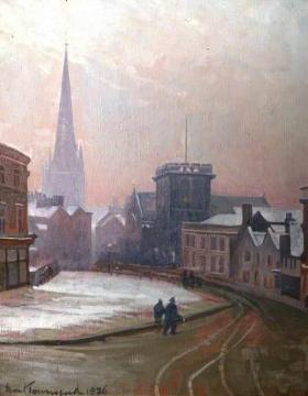 Queen Street, Derby, During Widening Artwork by Ernest Townsend