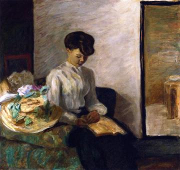 Young Woman Reading, Flowered Hat Artwork by Pierre Bonnard