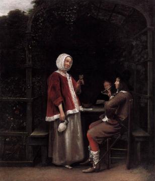 A Woman and Two Men in an Arbour Artwork by Pieter de Hooch