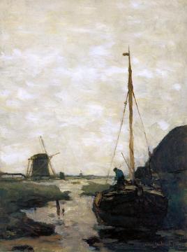 Ship In Polder Canal Artwork by Wladyslaw Bakalowicz