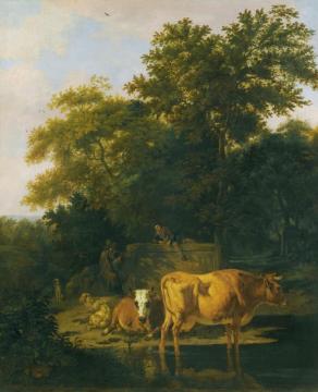 A Wooded Landscape At Dusk, With Two Herdsmen A Dog, Sheep And Cattle Artwork by Adriaen van de Velde