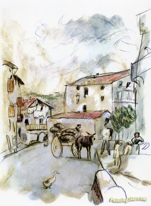 Village Scene Artwork by Jules Pascin