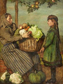 Grandmother and granddaughter with a basket of vegetables Artwork by Hans Thoma