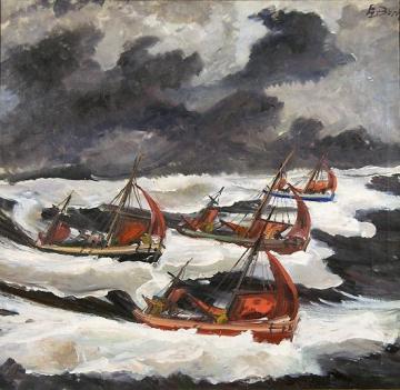 Fishing Boats in Rough Sea Artwork by Einar Halvdan Berger