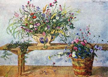 Still Life. Flowers on the bench Artwork by Pyotr Konchalovsky