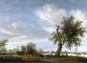 A River Landscape with Travellers and Herders on a Path, a Church beyond Artwork by Salomon van Ruysdael