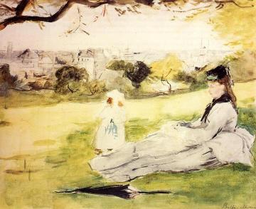 Woman and Child Seated in a Meadow Artwork by Berthe Morisot