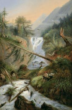 Shepherd Resting by the Waterfall Artwork by Alexandre Calame