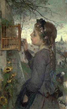 Girl feeding her Bird in a Cage Artwork by Jacob Maris