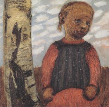 Girl in a red dress by a tree trunk Artwork by Paula Modersohn-Becker