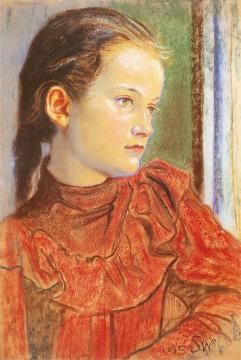 Portrait Of A Girl In A Red Dress Artwork by Stanislaw Wyspianski