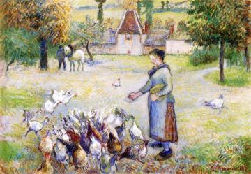 Woman Distributing Grain to the Chickens, Farm in Bazincourt Artwork by Camille Pissarro