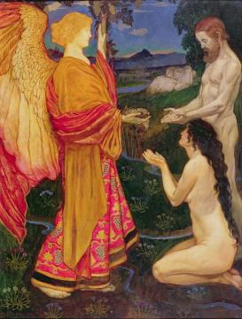 The Angel Offering The Fruits Of The Garden Of Eden To Adam And Eve Artwork by John Byam Liston Shaw
