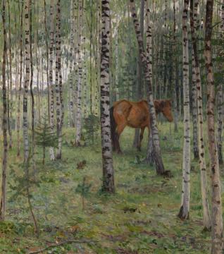 Horse in a Birch Grove Artwork by Nikolai Petrovich Bogdanov-belsky