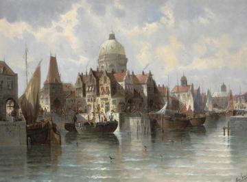 View Of A Dutch Harbor Artwork by August von Siegen