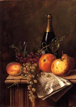 Still Life With Fruit, Champagne Bottle And Newspaper Artwork by William Michael Harnett