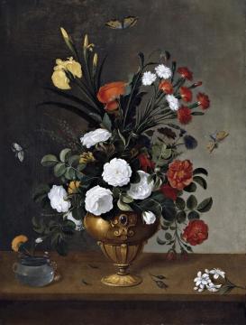 Flowers in a Vase and a Glass Bowl with a Carnation Artwork by Pedro de Camprobin