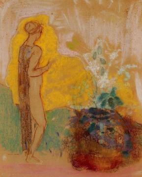 Woman and Stone Pot Full of Flowers Artwork by Odilon Redon
